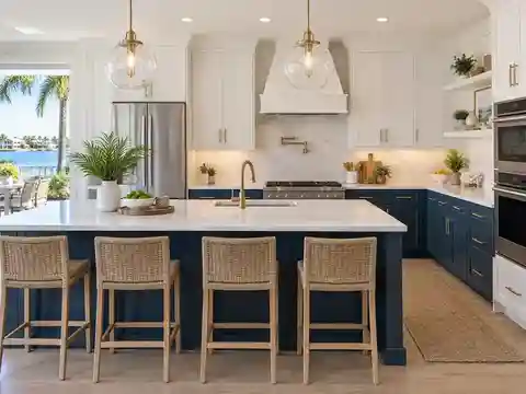 Illustrative same-layout kitchen with navy and white cabinets