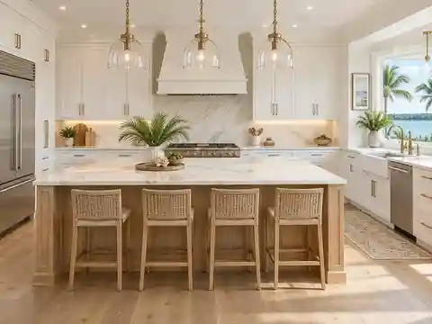 Illustrative same-layout upscale coastal kitchen after refacing
